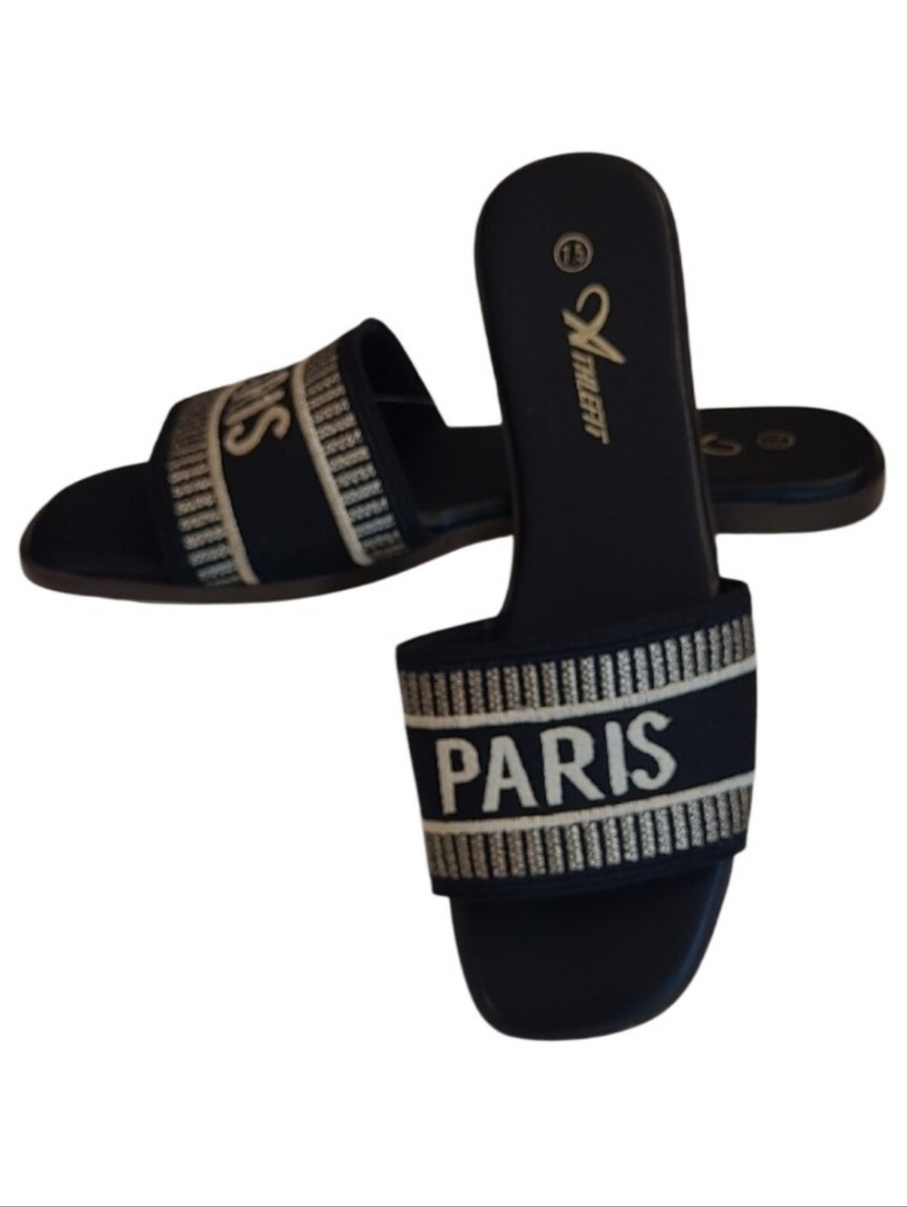 Athlefit Slide Sandals Embroidered Paris Strap Slip On Dressy Casual Flats